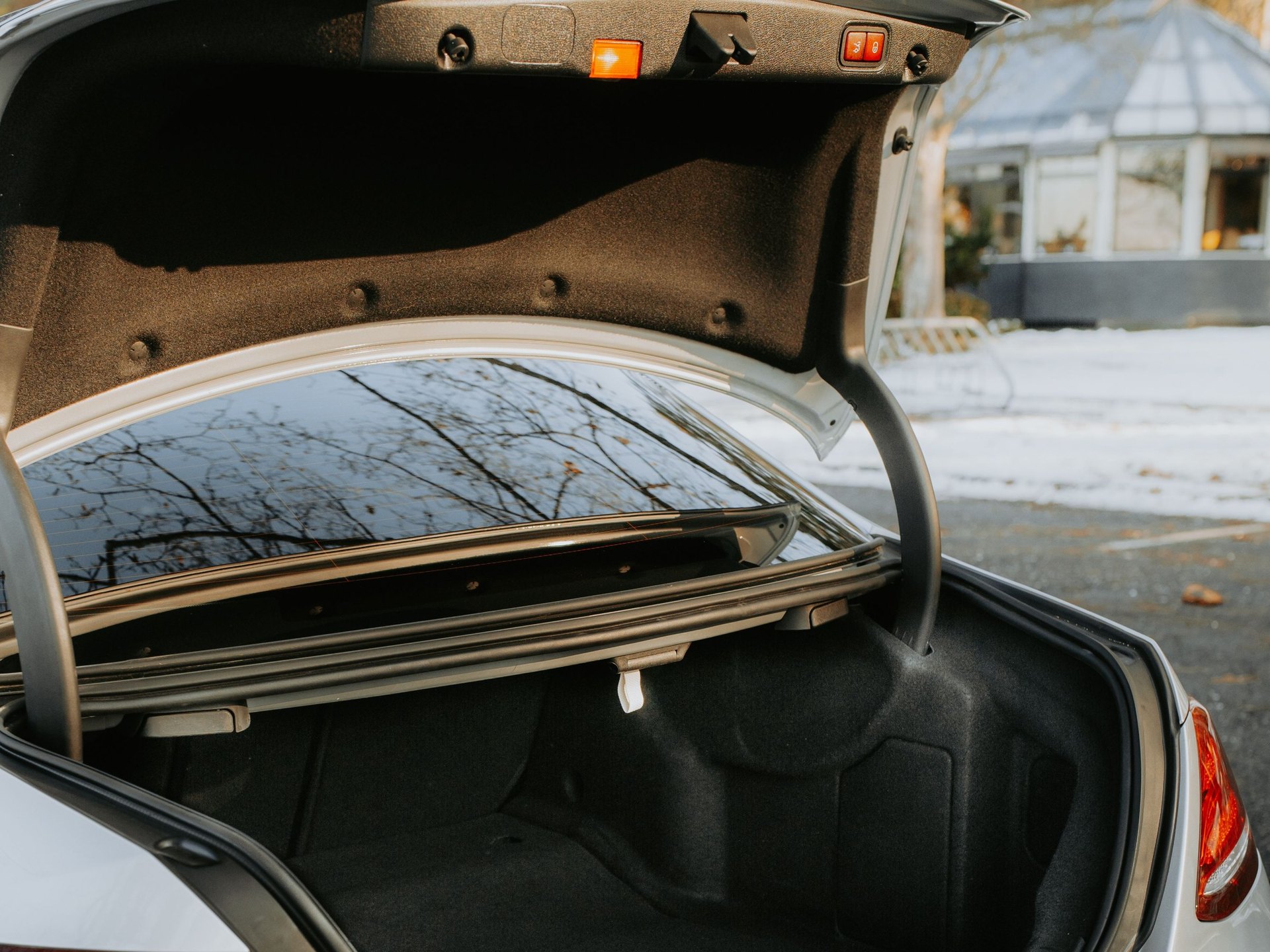 Open trunk showing the felt-lined lid inner and side trim — representative image